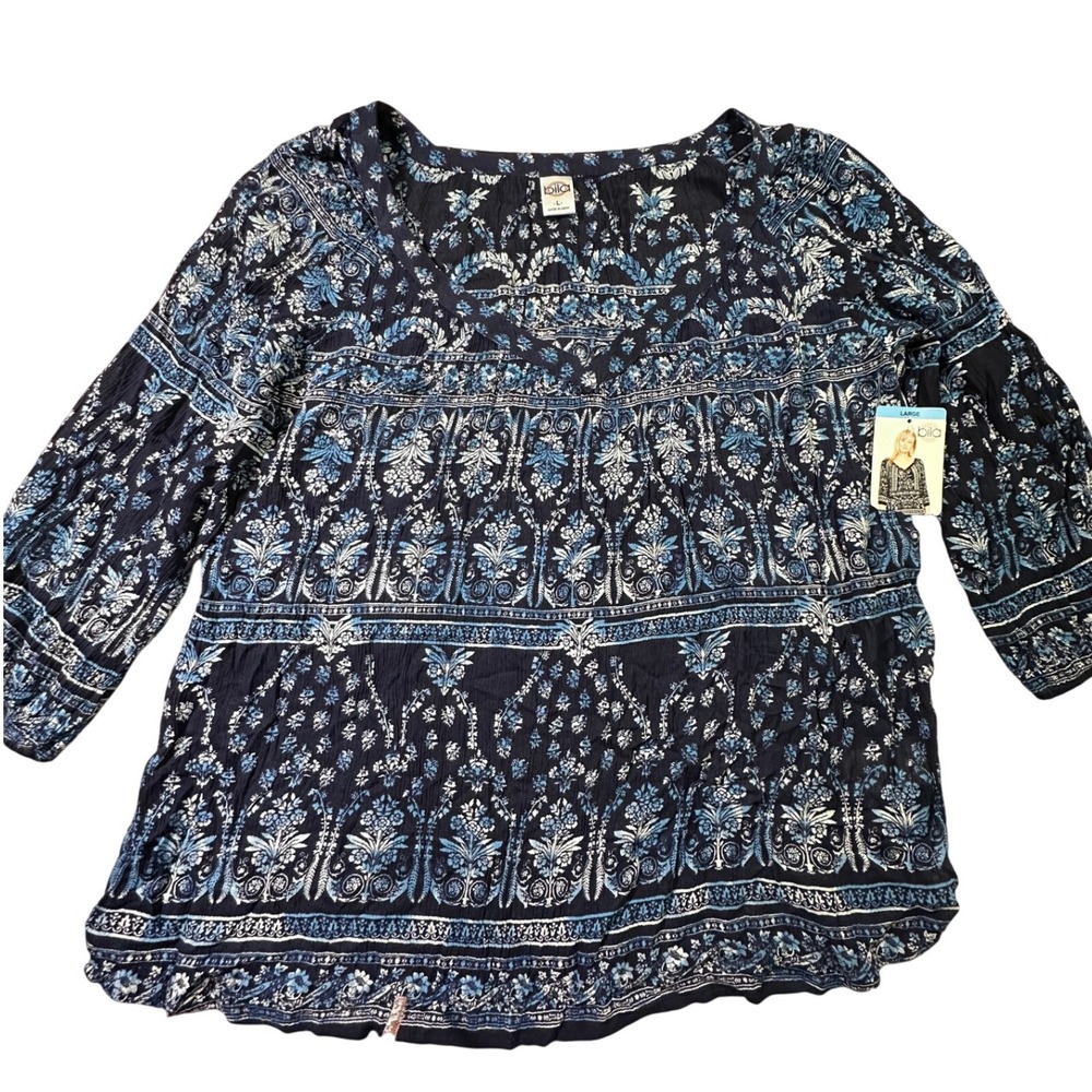 Bila Womens Navy Blue Floral Boho V-Neck Tunic Blouse whimsical Large NWT